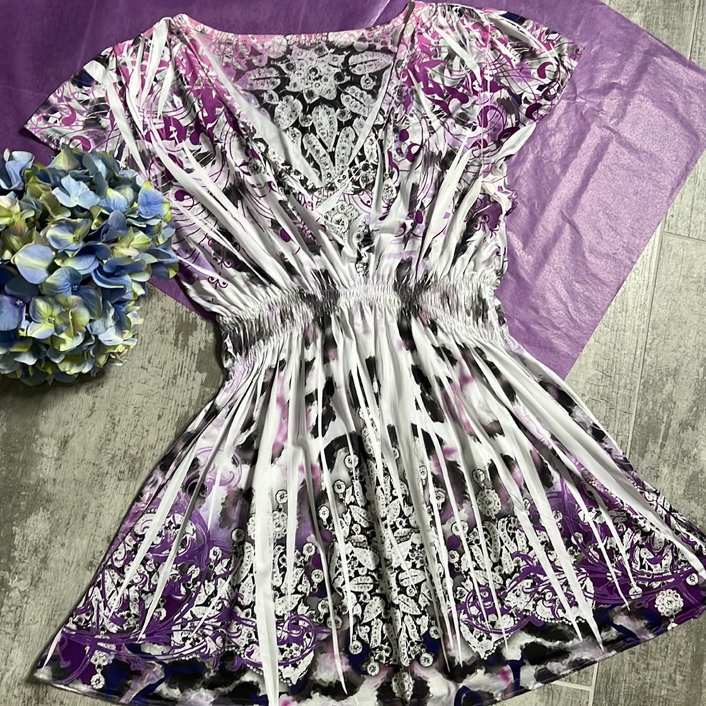 Purple and Black V-neck Smocked Waist Short Sleeved Top